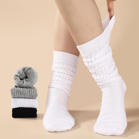 Pleneal 3 Pairs Slouch Socks For Women Long Winter Thigh High Boot Scrunch Socks, Cable Knit Crew Knee High Boot Socks in Saudi Arabia