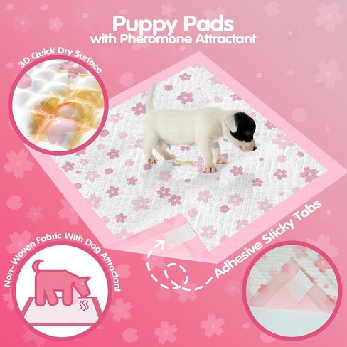 Puppy Pads, 23"x 23" Dog Pee Pad with Adhesive Tabs for Potty Training, Ultra Thick Leak-Proof Quiky-Dry Pink Puppy Essentials (Pink, 23x23in 50Ct) in Kuwait