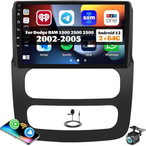 ستيريو سيارة 2G+64G Android 13 لسيارة Dodge RAM 1500 2500 3500 2002-2005 مع Carplay اللاسلكي Android Auto، راديو سيارة بشاشة لمس 9 بوصة مع رابط مرآة WiFi/GPS بلوتوث FM/RDS SWC+كاميرا خلفية in Saudi Arabia