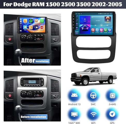 ستيريو سيارة 2G+64G Android 13 لسيارة Dodge RAM 1500 2500 3500 2002-2005 مع Carplay اللاسلكي Android Auto، راديو سيارة بشاشة لمس 9 بوصة مع رابط مرآة WiFi/GPS بلوتوث FM/RDS SWC+كاميرا خلفية in Saudi Arabia