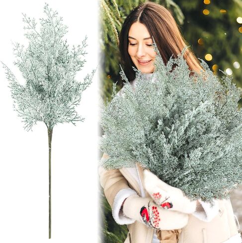 Yinder 12 Pcs Snowy Artificial Pine Branches 17 Inch Frosted Faux Cedar Sprays Christmas Greenery Pine Picks Stems Twig for Garland Wreath DIY Crafts Xmas Winter Decorations in Saudi Arabia