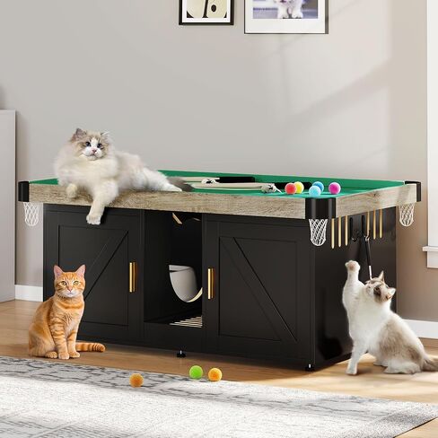 DWVO 4 in 1 Cat Toys Mini Pool Table for Cats, Litter Box Enclosure for Cat Pool Table Tower with Feather Wand Interactive Exercise Play Rest Beds & Litter Box Furniture, Black, Medium in Saudi Arabia