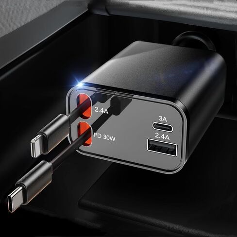 for iPhone 16 15 14 & Earlier Total 69W Car Retractable Cord Type C & Lightning & USB-C 4-in-1 Fast Car Charger for iPhone 16 15 14 13 12 11, iPad, Samsung Galaxy & Pixel Devices in Saudi Arabia