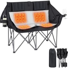 Heated Double Camping Chair for Adults 2 Person Loveseat Oversize Folding Chair with Side Pocket Camping Chair Portable for Outdoor Sports Lawn Camping Gear, Adjustable 3 Level Temperature