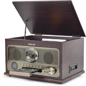 All in One Vintage 3 Speed Vinyl Record Player with Built-in Speakers,Bluetooth Turntable,CD Player/Cassette/USB/TF Card,AUX in,FM/AM Radio,RCA Out,Recording