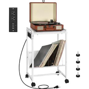 Record Player Stand for Vinyl Records, Night Stand with Charger Station, Record Player Stand with Album Storage, Black End Table for Living Room, Bedroom, Grey