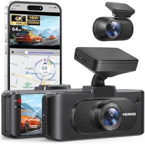 Dash Cam Front and Rear, Pernis True 4K/1080P Dual Dash Camera with STARVIS Sensor, HDR Rear Car Cam, 64GB Card, APP Control, Built-in WiFi GPS, 3.16" IPS Screen, Loop Recording, Parking Monitor
