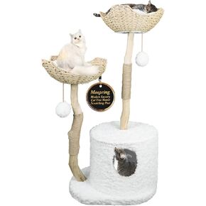 Cat-Tree Tower | Modern Cat Furniture | Real Wood Branch Scratching Post | Large Cat Condo | Multi-Cat Perch | White | 46"