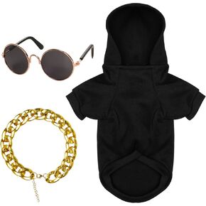 3PCS Dog Hoodie Cat Costume with Dog Sunglasses Gold Chain Cat Halloween Costume Retro Sunglasses Pet Clothes Set for Cats and Small Medium Dogs M