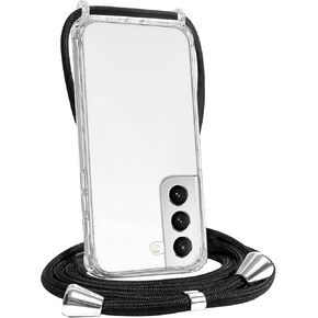 Clear Phone Case for Samsung Galaxy S22 with Adjustable Lanyard Strap Transparent Hard PC Back Anti-Yellowing Shockproof Bumper Phone Cover Crossbody Case for Women Girly Black