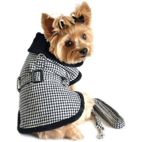 DOGGIE DESIGN Black and White Classic Houndstooth Dog Harness Coat with Leash S