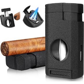 All-in-one Cigar Lighter, Torch Lighter with Cigar Cutter V Cut & Cigar Holder, Cigar Gifts for Men, Refillable Triple Jet Flame Windproof Butane Lighter, Cigar Accessories, Cool Lighters for Smoking