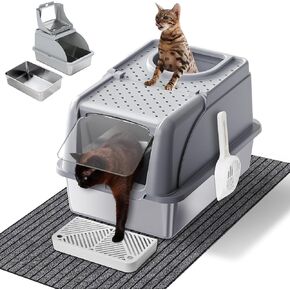 Stainless Steel Litter Box with Lid for Large Cat Top & Front 2-Door Hooded Litter Box Extra Large Enclosure & Open 2-Mode Covered Metal Litter Box with Litter Scoop & Litter Mat 24x16x16