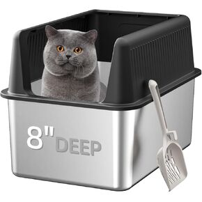 Stainless Steel Cat Litter Box with Lid,19.7"L x 13.8"W x 13.8"H,XL,Extra Large Litter Box for Big Cats,Metal Litter Box with High Side,Anti-Leakage Non-Sticky Easy Cleaning Include Litter Scoop