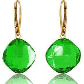 Green Earrings for Women - Lightweight Edgy Semi-Precious Stone Jewelry for Ladies, Gold Plated Silver Leaf Fitting and Closure, Caribbean Green Amber Dangle Women's Earrings