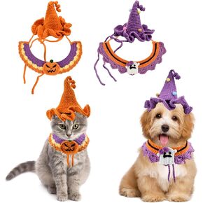 Halloween Cat Outfit Halloween Cat Costume Handmade Knit Cat Witch Hat Pumpkin Ghost Pattern Collar Set Halloween Costume Gifts for Cats Puppies