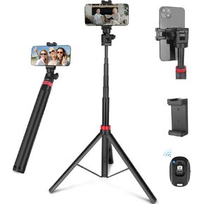 Extendable Tripod Aluminum, Portable Adjustable Light Stand with 1/4" Screw Phone Holder & Remote, Ball Head Camera Phone Tripod for Camera iPhone Video Light Smartphone, Lightweight for Travel