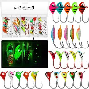 Dovesun Ice Fishing Jigs Ice Fishing Lures Jig Heads Walleye Fishing Lures Crappie Jigs Glow in Dark-Ice Fishing Jigs with Storage Box 38pcs/28pcs/25pcs/20pcs
