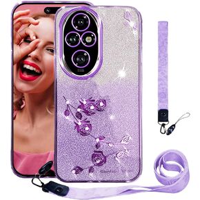 CCSmall for Honor 200 Pro Bling Case Crossbody Lanyard for Woman Girls, Glitter Diamond Flower Shoulder Strap Wristband Cute Sparkle Protective Case Cover for Honor 200 Pro YSH Rose