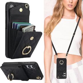 for Samsung Galaxy S24 Crossbody Wallet Case, PU Leather with Card Holder Kickstand Lanyard Cover for Women Case for Samsung Galaxy S24.Lanyard Black