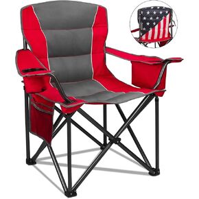Colorsoul Oversized Folding Camping Chair, Outdoor Padded Camping Chair Support 300 LBS w/Cup Holder & Cooler Bag, Portable Lawn Chair for Beach Picnic Sports, U.S. Flag(Red)