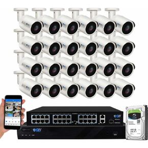 GW Security 32 Channel 4K NVR 8MP AI Human & Vehicle Detection Security Camera System with 24 UHD 4K 2160P Microphone PoE Outdoor/Indoor Waterproof IP Security Bullet Cameras (White)