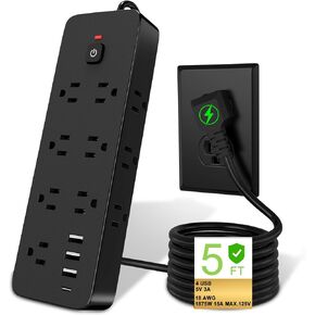 Surge Protector Power Strip, 14 AC Outlets with 3 USB Ports and 1 USB C, (1875W/15A) 5FT Flat Plug Extension Cord with 3 Sided Power Strip, Wall Mount for Travel Home Office, UL Listed, Black