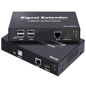 HDMI KVM USB Extender Over Cat5e/6/7 Network Cable Up to 164ft/50m, 1080P HDMI KVM Extender Plug and Play, Zero Latency Transmission, KVM Extender with 4 USB2.0 Supports All Operating Systems