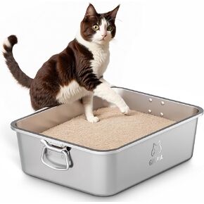 Stainless Steel Litter Box with Handle, Large Metal Cat Litter Box with High Sided for Big and Small Cats, Kitty Litter Box, Non-Stick, Easy to Clean, Odor-Free, Small Litter Box, Cat Toilet