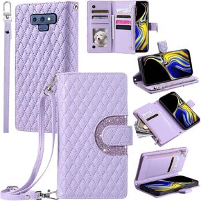 Phone Case for Samsung Galaxy Note 9 Wallet Cover with and Crossbody Wrist Strap Shoulder Strap 9+ Card Slots Zipper Purse Luxury PU Leather Stand Accessories Note9 Not S9 Women Men Black