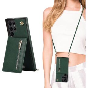 DEFBSC Wallet Case for Samsung Galaxy S22 Ultra,PU Lanyard Neck Strap Case with Kickstand Zipper Wallet Card Holder, Adjustable Detachable Necklace Phone Protective Back Cover-Rose Gold