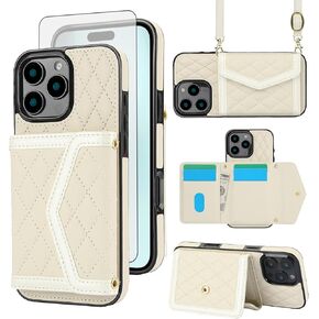 Phone Case Compatible with iPhone 16 Pro Max 6.9 inch Wallet Cover Tempered Glass Screen Protector RFID Blocking Credit Card Holder Slot Crossbody Strap i Phone16 16Pro i16 ProMax 16ProMax Beige