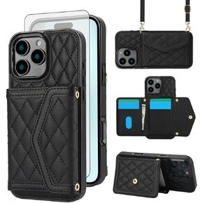 Phone Case Compatible with iPhone 16 Pro Max 6.9 inch Wallet Cover Tempered Glass Screen Protector RFID Blocking Credit Card Holder Slot Crossbody Strap i Phone16 16Pro i16 ProMax 16ProMax Beige