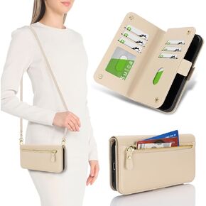 for iPhone 15 Wallet Case for Women,iPhone 15 Case with Strap Crossbody Lanyard,Leather Shockproof Card Holder Stand Zipper Pocket Flip Phone Case-Brown