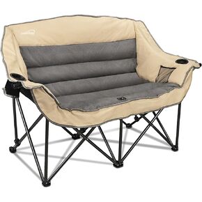 2 Person Fully Padded Camping Chair Oversized Loveseat Camping Chair Double Camping Chairs for Adults Heavy Duty Outdoor Camping Couch, Padded Seats & Armrests, 600Lbs, Beige