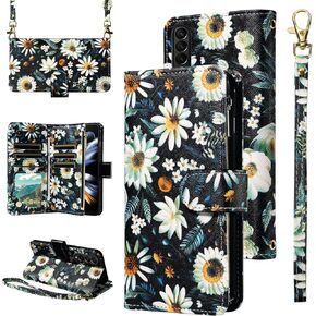 Wallet Case for Samsung Galaxy Z Fold 3 5G 2021 with Wrist Strap Crossbody Shoulder Strap Flower Leather 6+Card Slots Zipper Purse Stand Phone Cover ZFold3 Z3 Fold3 3Z ZFold35G Girls Black