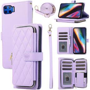 Argyle Wallet Case for Moto One 5G/One5G UW/Moto G G5 Plus with Wrist Strap Shoulder Strap, 9+ Card Slot Zipper Purse Stand Checkered Cell Phone Cover for Motorola One Lite XT2075-1 White