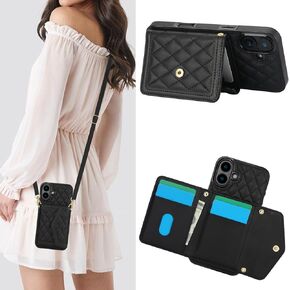 for Apple iPhone 16 Plus Crossbody Wallet Case for Women, PU Leather Card Slot Phone Case with Cash Pocket Kickstand Purse Lanyard Case Cover for iPhone 16 Plus.Pocket Black