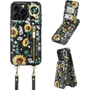 uCOLOR for iPhone 15 Pro Max Wallet Case with Card Holders for Women, Crossbody Zipper Protective Leather Case with Strap Wrist Ring RFID Protective 6.7" (Blooming Sunflower, iPhone 15 Pro Max 6.7")