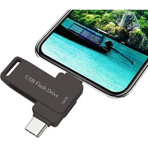 USB C Flash Drive 128GB for i Phone Thumb Drive Photo Stick Dual Drive High Speed Memory Stick External Storage Compatible Phone 15 Pad Android USB C and Computer Black128G