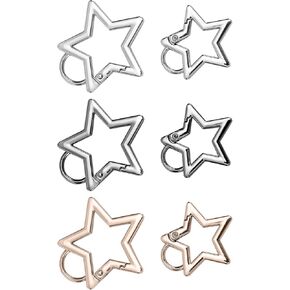 6pcs Star Carabiner Clip, Star Carabiner Hook Clip with 2 Sizes Zinc Alloy Gold Silver Black Star Shaped Keychain Clip Keyring Key Chain Ring Holder for Hiking Fishing Traveling Camping (3 Colors)