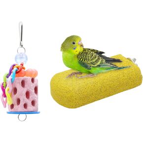Wontee Bird Calcium Grinding Chewing Toys Bird Perch Stand for Cockatiels Conures Quaker Senegal Parrot, 2 Packs