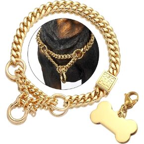 Jewelry Kingdom 1 Gold Dog Martingale Collar Metal Chain with Design Secure Buckle Dog Tag, 18K Cuban Link 15MM Strong Heavy Duty Chew Proof Walking Training Slip Collar (15MM, 16")