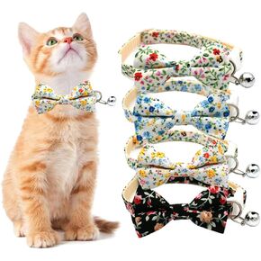 Bowtie Cat Collar with Bells Flower XS Dog Collar for Small Dogs Cute Floral Puppy Kitten Collar Girl Boy Adjustable for XXSmall XXS XSmall Tiny Little Breed Pets Blue