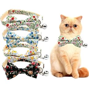 Bowtie Cat Collar with Bells Flower XS Dog Collar for Small Dogs Cute Floral Puppy Kitten Collar Girl Boy Adjustable for XXSmall XXS XSmall Tiny Little Breed Pets Blue