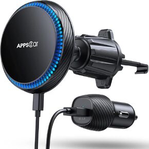 APPS2Car 15W Wireless Car Charger, Compatible with MagSafe, Magnetic Vent Mount for iPhone 16/15/14/13/12 Series, with 3200RPM Cooling Fan Black