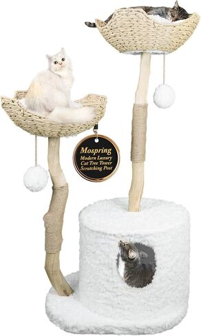 Cat-Tree Tower | Modern Cat Furniture | Real Wood Branch Scratching Post | Large Cat Condo | Multi-Cat Perch | White | 46" in Saudi Arabia