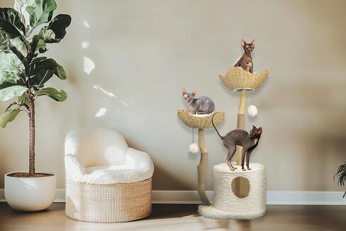 Cat-Tree Tower | Modern Cat Furniture | Real Wood Branch Scratching Post | Large Cat Condo | Multi-Cat Perch | White | 46" in Saudi Arabia