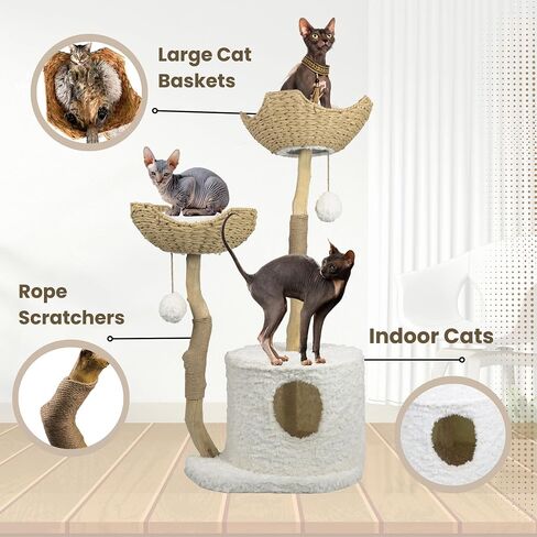 Cat-Tree Tower | Modern Cat Furniture | Real Wood Branch Scratching Post | Large Cat Condo | Multi-Cat Perch | White | 46" in Saudi Arabia