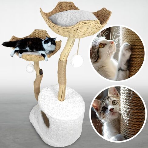 Cat-Tree Tower | Modern Cat Furniture | Real Wood Branch Scratching Post | Large Cat Condo | Multi-Cat Perch | White | 46" in Saudi Arabia